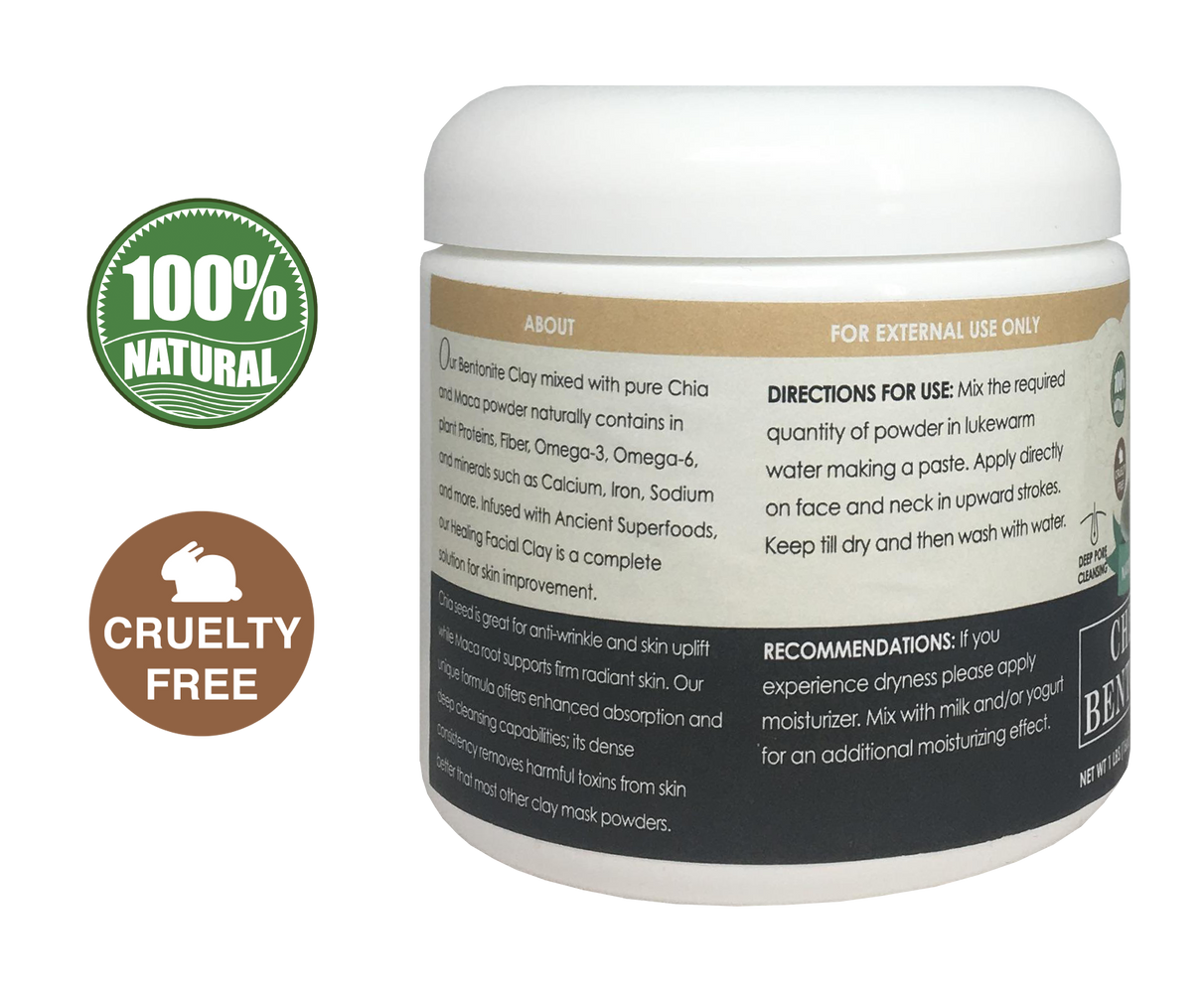 Chia & Maca Healing Bentonite Clay Natural Face Mask Powder, 1 Pound (454gm) Jar