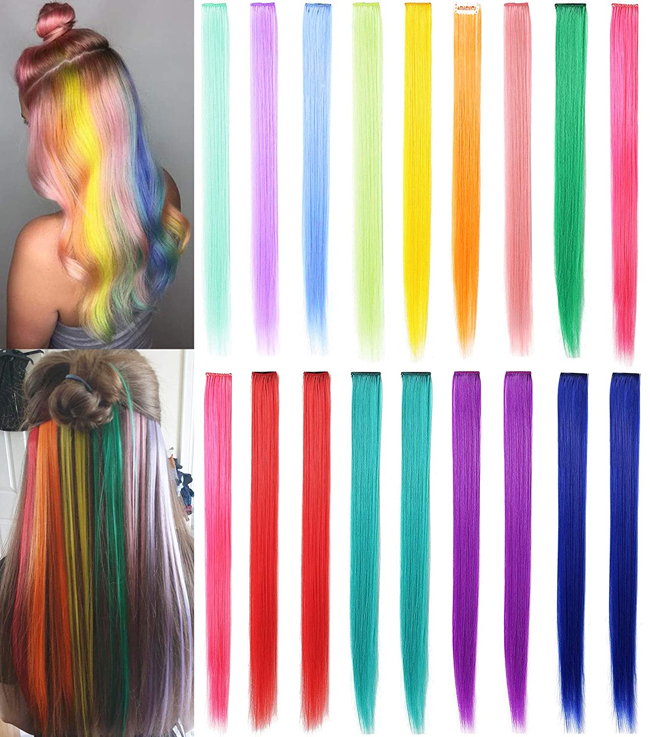 Synthetic Long Straight Women High Temperature Synthetic Clip In Hair Extension Hairpiece Purple Pink Red Blue Rose Colorful