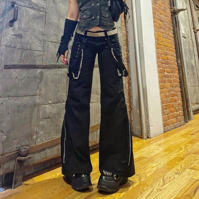 Emo Dark Cyber Y2k Pants Hippie Cargo Bodycon Gothic Punk Alt Baggy Jeans  Rivets Black Women Goth Hip Hop Kpop Academia Pants
